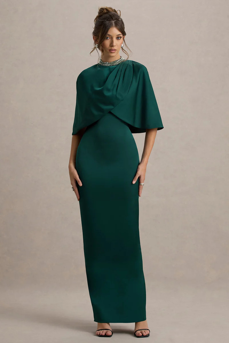 Diletta  Bottle Green Cape Maxi Dress | Club L London