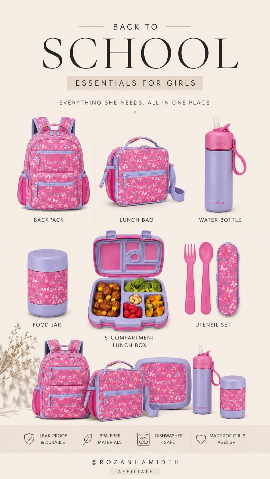 Back-to-school shopping, but make it cute 💕 I found the sweetest matching Bentgo set for girls with the backpack, lunch bag, lunch box, food jar, and water bottle. #BacktoSchool