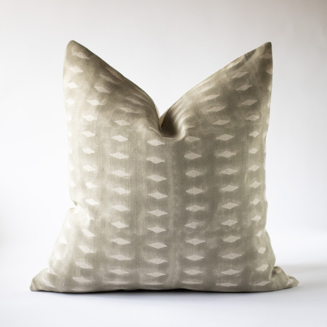 Gray Green Linen Hand Blocked Pillow Cover, Modern Farmhouse Block Print Throw Pillow, Decorative... | Etsy (US)