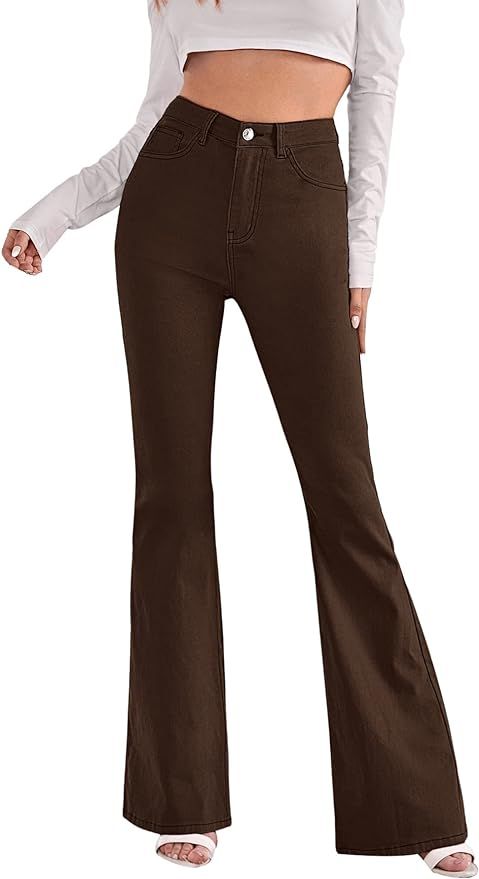 SweatyRocks Women's Casual Denim Pants Heart Print High Waist Stretchy Bell Bottom Flared Jeans | Amazon (US)
