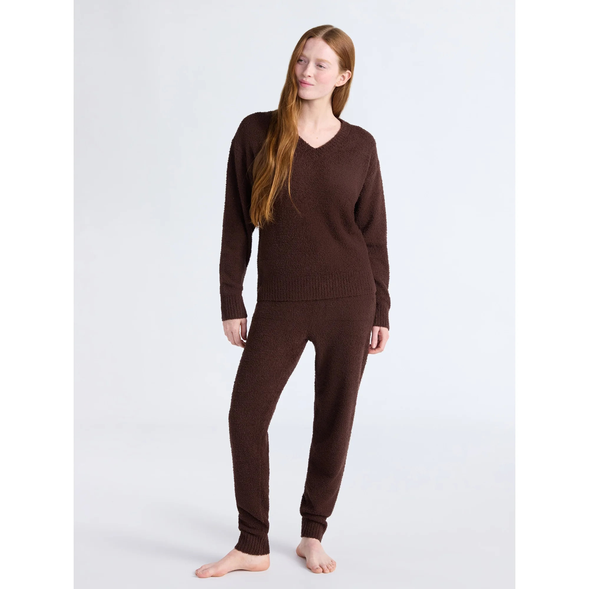 Joyspun Women's Fuzzy Knit V-Neck Top and Joggers Set, 2-Piece, Sizes XS-3X | Walmart (US)