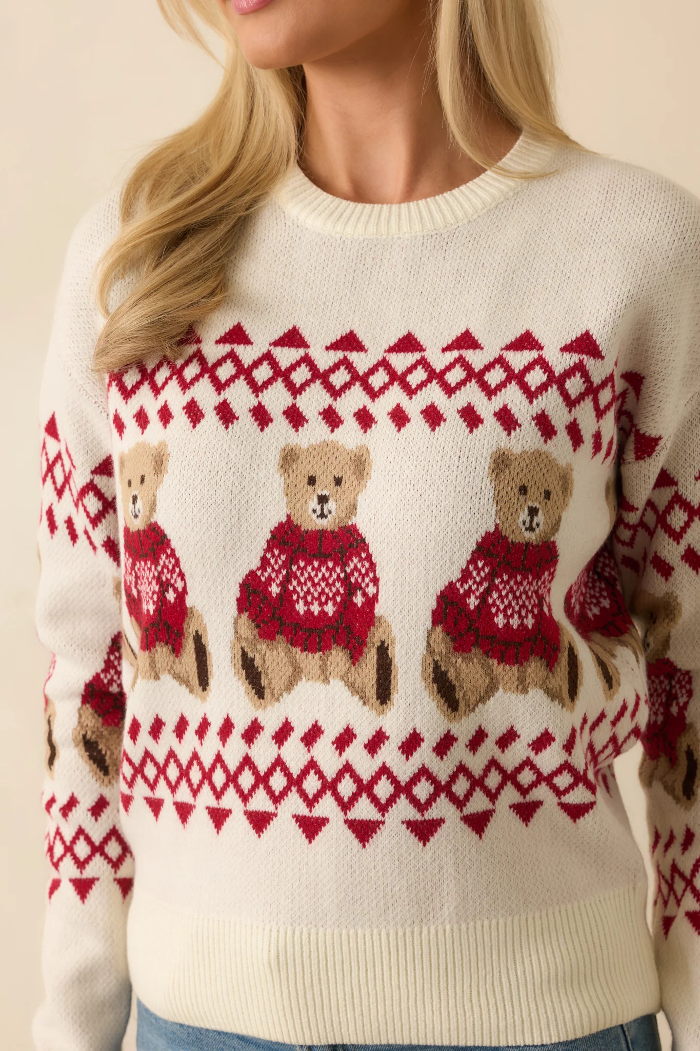 Bear With Me Ivory Fair Isle Teddy Knit Sweater | Red Dress