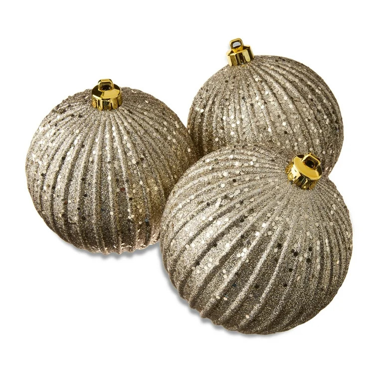 4-Count Champagne Glitter Shatterproof Textured Christmas Ornaments, 5.9 in, by Holiday Time | Walmart (US)