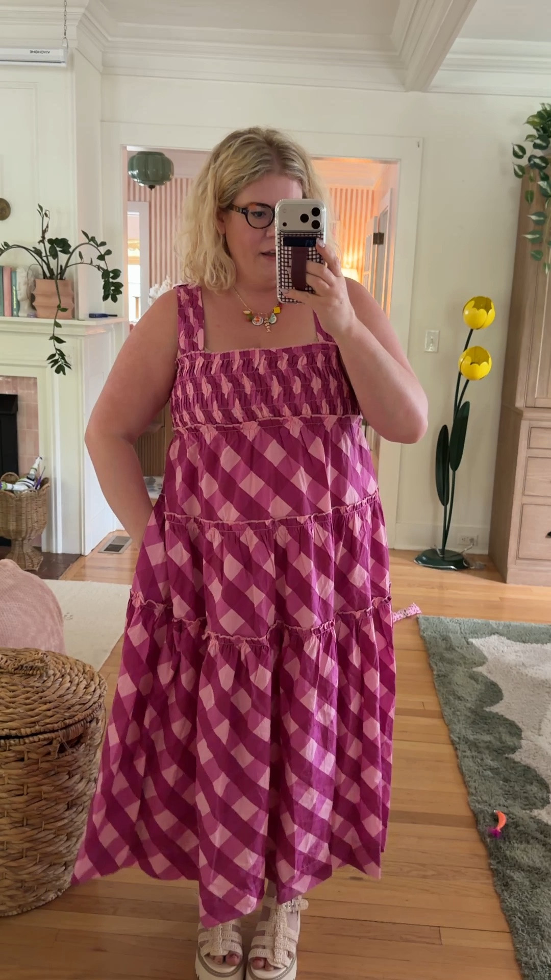 Pink gingham maxi dress and sandals! Wearing XL