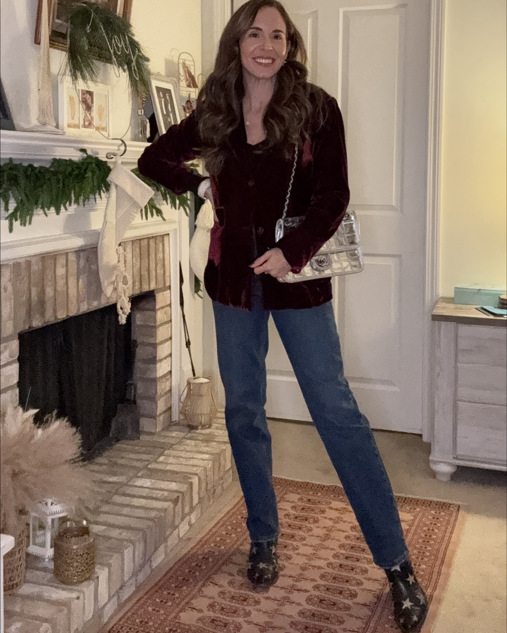 Loving this burgundy velvet blazer - perfect to add to a going out look over the holidays! Worn with my fave bodysuit, belt, high waisted bootcut jean and oldie but goodie cowboy boots & thrifted designer bag! #LTKHoliday 

#LTKStyleTip #LTKGiftGuide