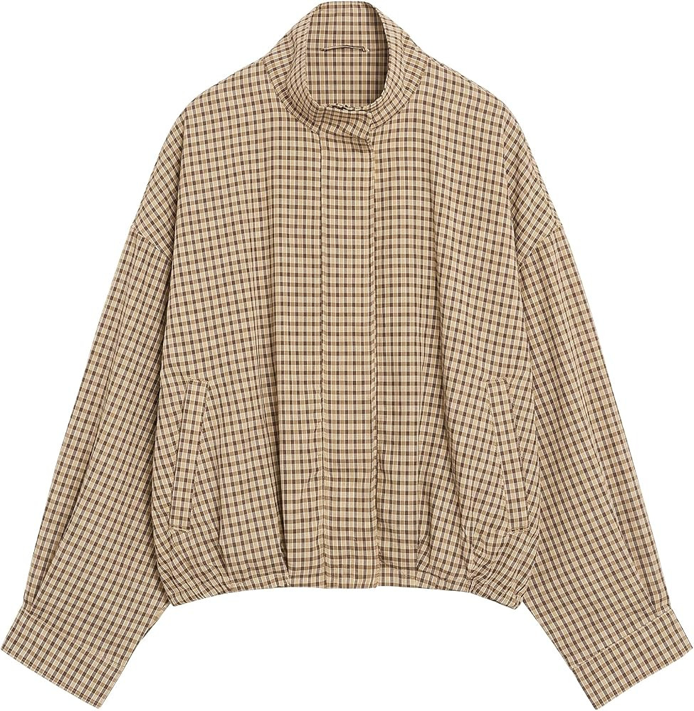 Womens Plaid Jacket Bomber Stand Collar Zip Up Coat with Pockets | Amazon (US)