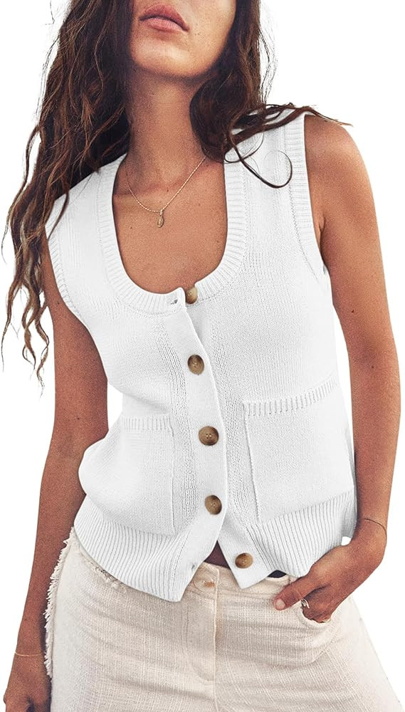 Yousify Womens Sweater Vest Summer Ribbed Tank Tops Sleeveless Button Down Shirts Scoop Neck Top ... | Amazon (US)