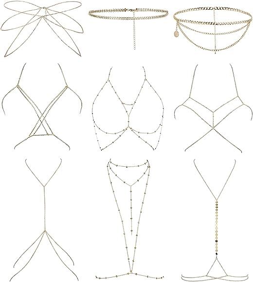 YOVORO 9PCS Sexy Belly Waist Chain for Women Bikini Body Chain Beach Bra Chain Jewelry Set | Amazon (US)