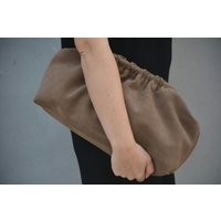 Handmade Suede Leather Dumpling Clutch in Khaki Navy Blue Brown Purple Colors, Leather Cloud Bag, Oversized Puffball Retro Purse | Etsy (US)