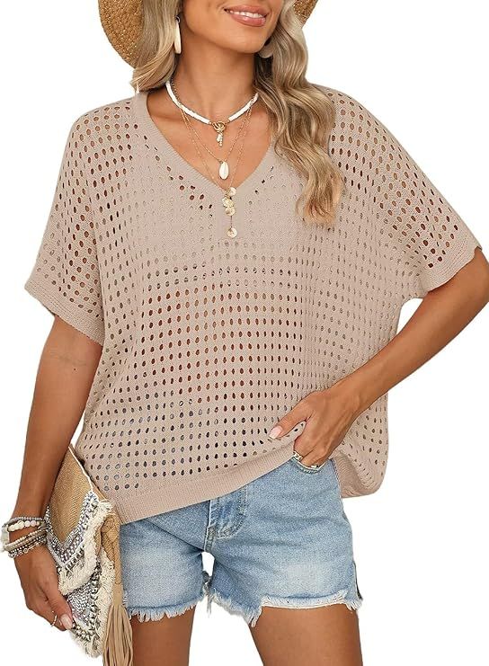 Dokotoo Womens Summer V Neck Short Sleeve Button Down Sweater Casual Crochet Hollow Out Knit Tops... | Amazon (US)