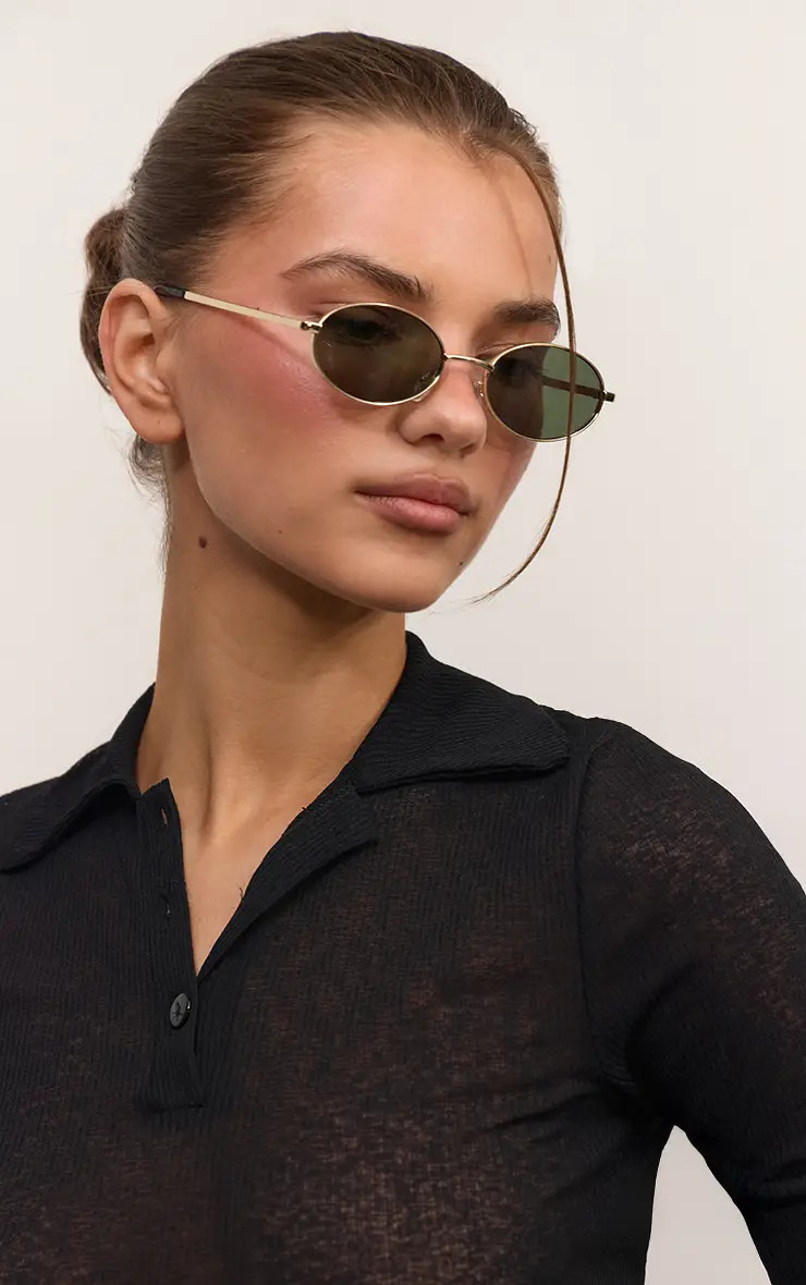 Gold Metal Frame Oval Sunglasses | PrettyLittleThing | PrettyLittleThing UK