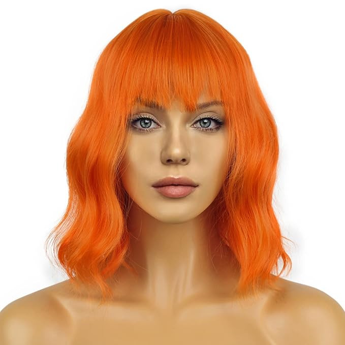 LANCAINI Short Bob Wigs with Bangs for Women Loose Wavy Orange Wig Curly Wavy Shoulder Length Bob... | Amazon (US)