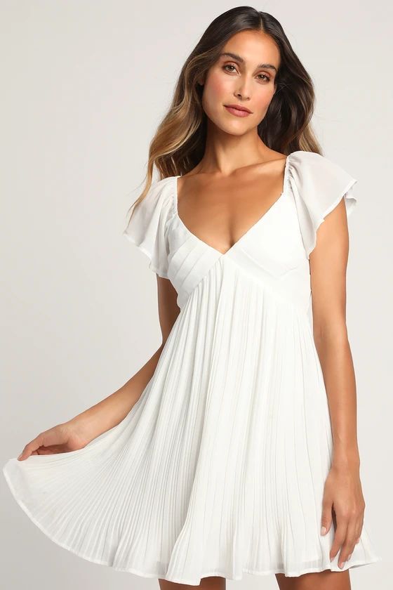 Amalfi Coast White Pleated Flutter Sleeve Mini Dress | Lulus