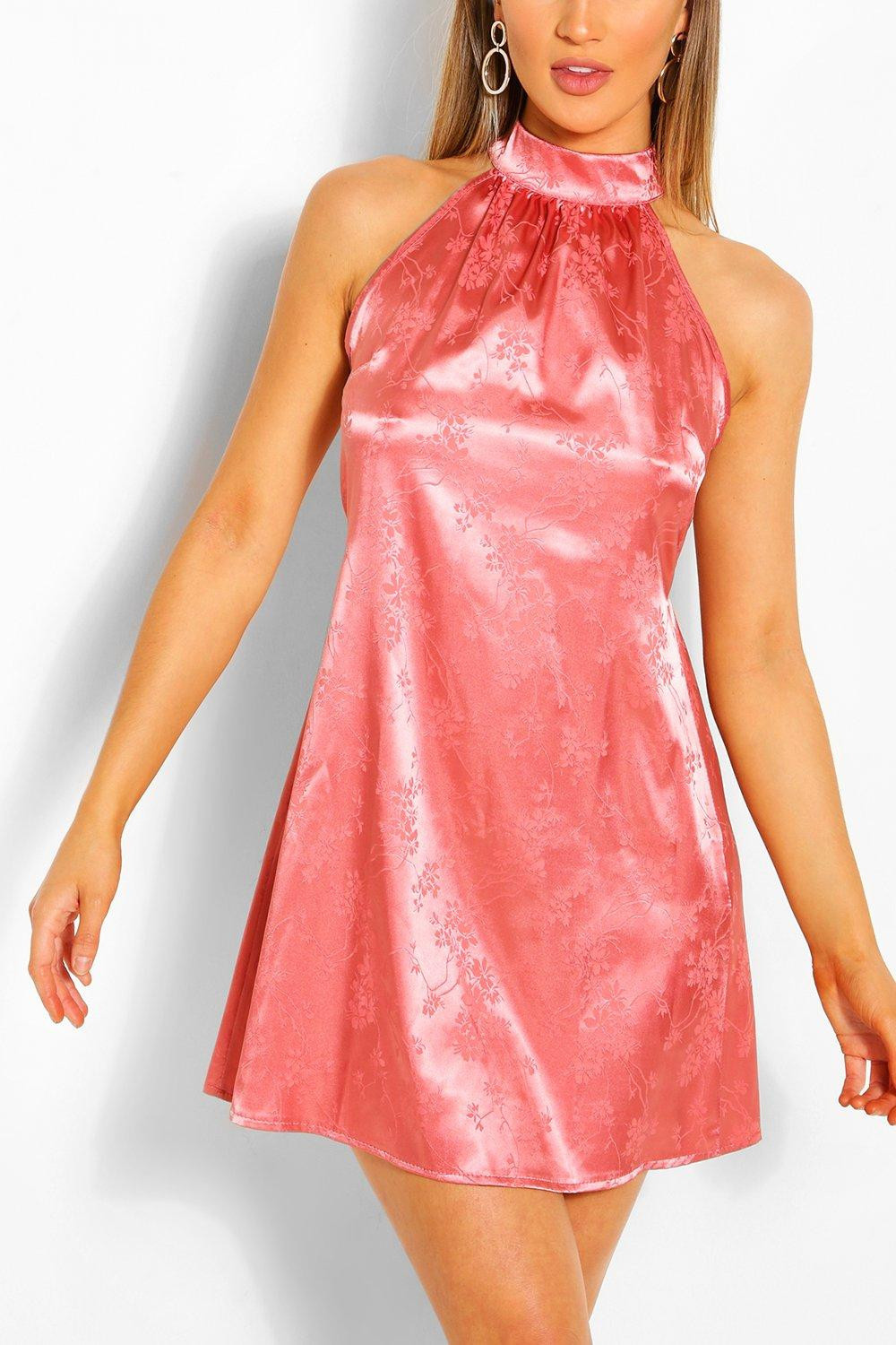Womens Floral Jacquard Satin Sleeveless Swing Dress - Pink - 6 | Boohoo.com (US & CA)