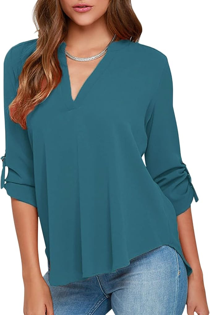 roswear Women's Business Casual V Neck Cuffed Sleeves Chiffon Work Blouse Top | Amazon (US)