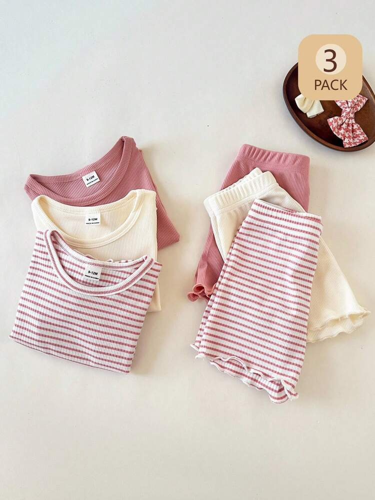 SHEIN 6pcs Baby Girl Blue And White Stripe,Summer,Casual,Cute,Family Matching Striped Apricot,Whi... | SHEIN