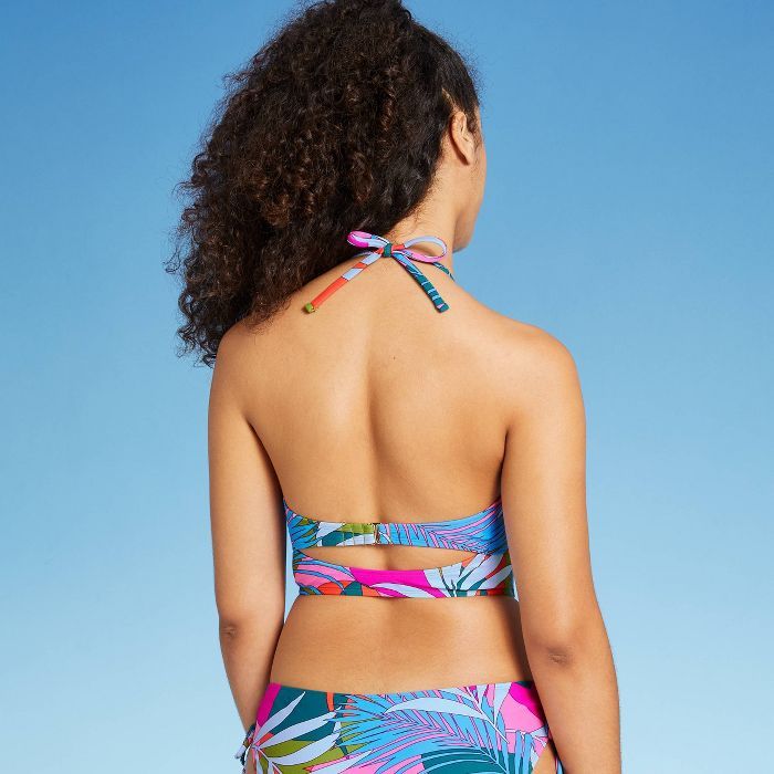 Juniors&#39; Lace-Up Halter Longline Bandeau Bikini Top - Xhilaration&#8482; Multi Tropical Print... | Target
