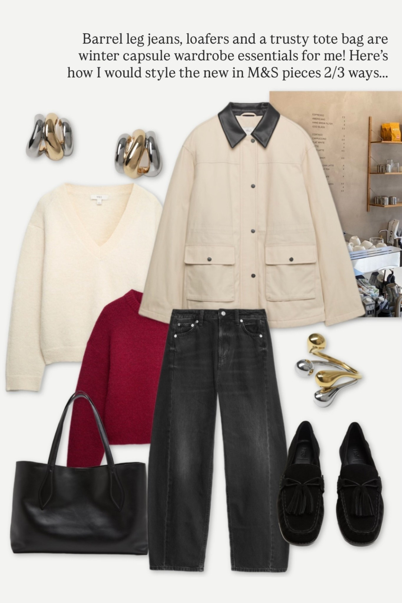 Weekend outfit inspo ✨

Styling Marks & Spencer winter capsule wardrobe staples (black barrel leg jeans - suede loafers - black leather tote bag) with a cream barn jacket, v neck jumper and a red jumper for a pop of colour tied at the waist. 

#capsulewardrobe 

#LTKjeans #LTKuk #LTKstyletip