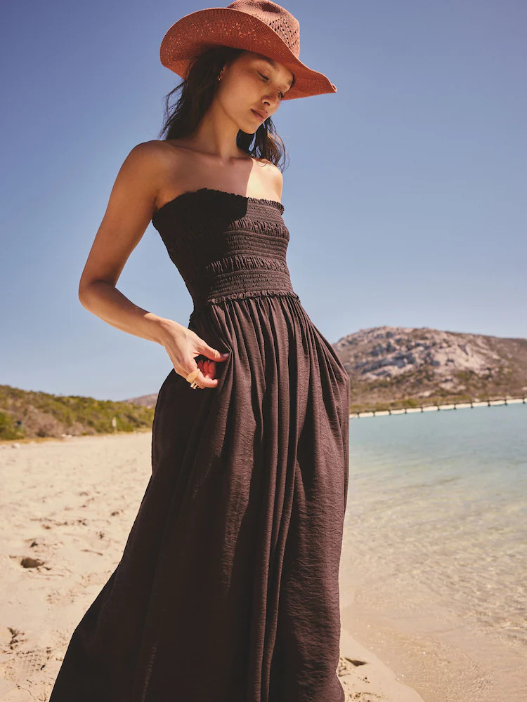 Chocolate Brown Bandeau Shirred Body Midi Dress | Next EU