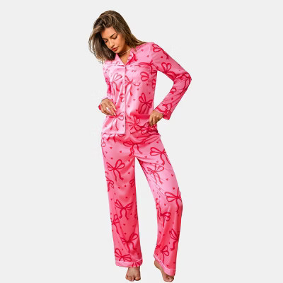 Women's Cozy Pink Bow Print Pajama Set for Valentines Day - Cupshe-M-Pink | Target