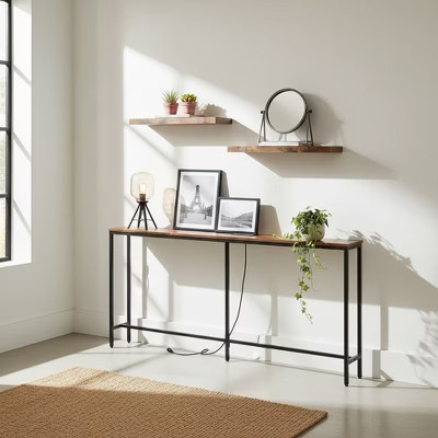 FurnitureR 71" Entryway Console Table with 2 Floating Wall Shelves, Industrial Narrow Hallway Table Set with Power Outlet for Living Room, Entryway | Target