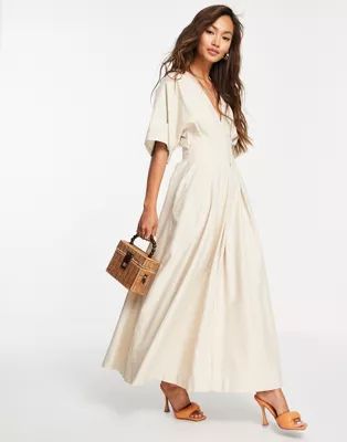 ASOS EDITION pleat waist midi dress in oatmeal | ASOS (Global)