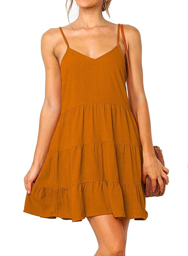 MIHOLL Women's V Neck Ruffle Dress Sleeveless Spaghetti Straps Loose Mini Dresses | Amazon (US)