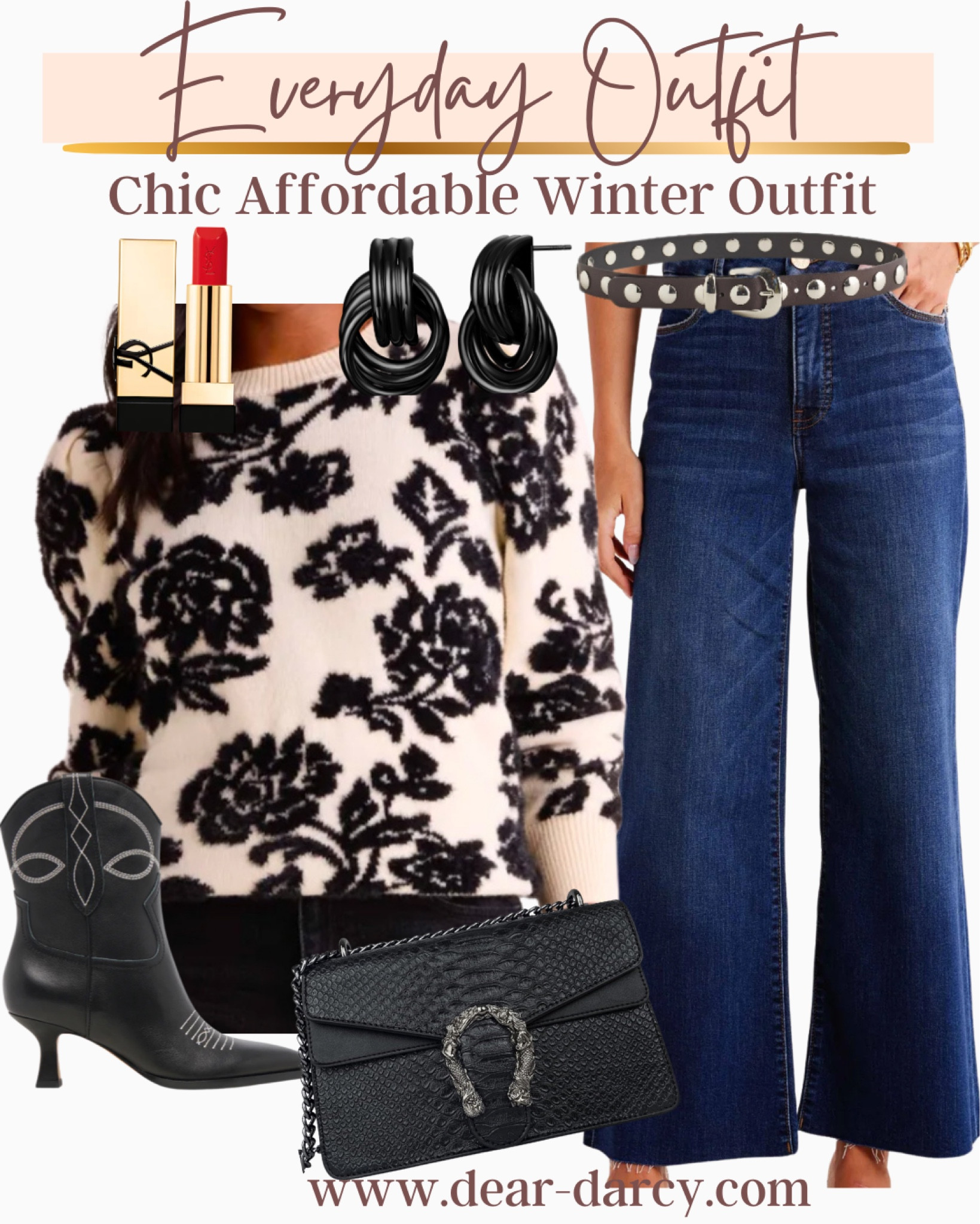 Everyday winter outfit!
Black and white with denim

Black and white floral sweater

Dark denim wide leg meg Kut from the kloth denim tts

Ysl lip stick 

Black bootie tts and affordable 

Black chunky earrings Amazon find $7

Amazon find grommet belt  

Amazon find black bag under $25 




#LTKSaleAlert #LTKOver40 #LTKStyleTip