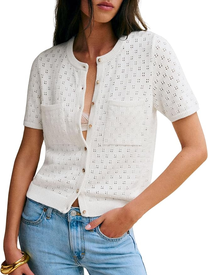 Daacee Women's Lightweight Cotton Crochet Cardigan Short Sleeve Button Up Cropped Cardigan Sweate... | Amazon (US)