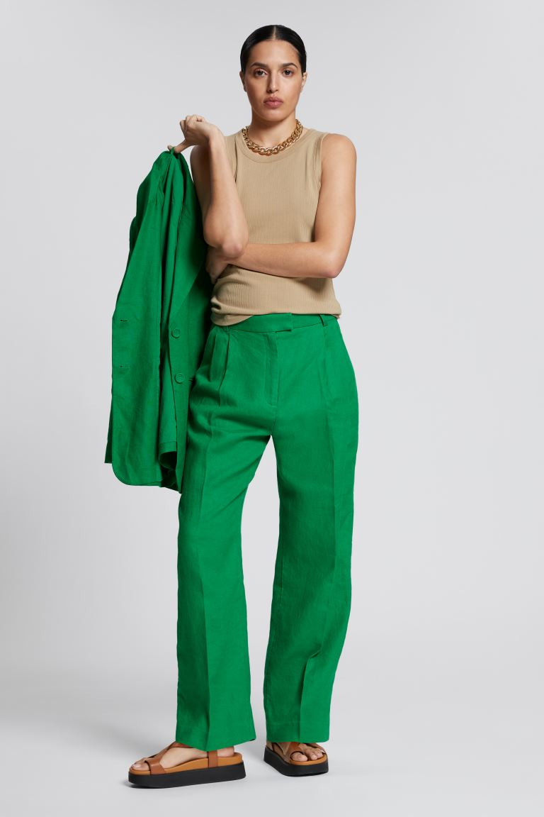 Tailored Linen Trousers - Green - Ladies | H&M GB | H&M (UK, MY, IN, SG, PH, TW, HK)