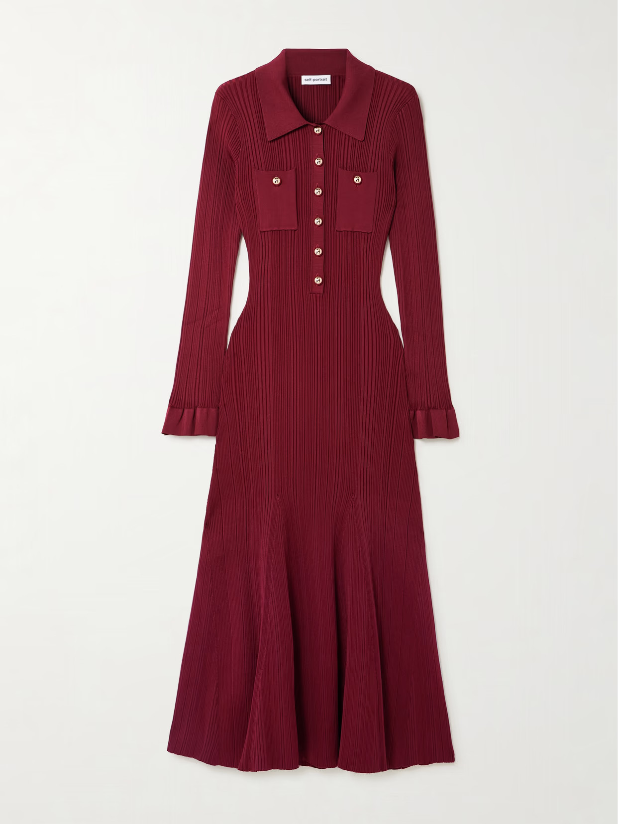 Self-Portrait - Button-embellished Ribbed-knit Midi Dress - Burgundy | NET-A-PORTER (US)