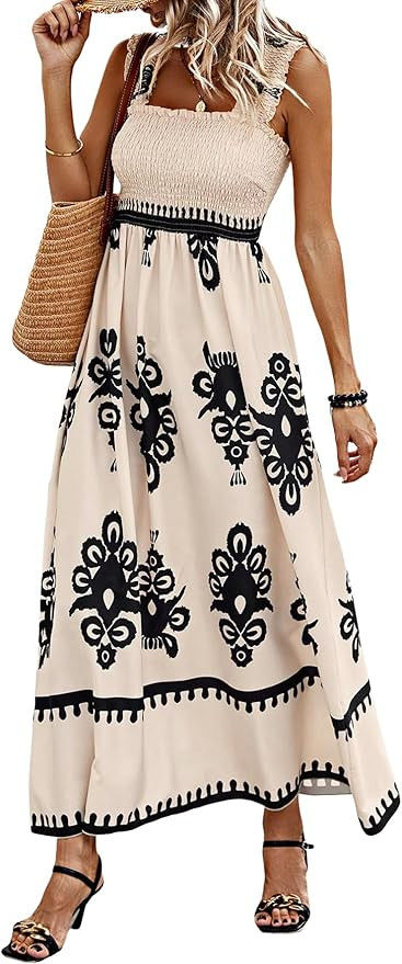MakeMeChic Women's Summer Boho Dress Floral Print Spaghetti Strap Square Neck Shirred Maxi Dress ... | Amazon (US)
