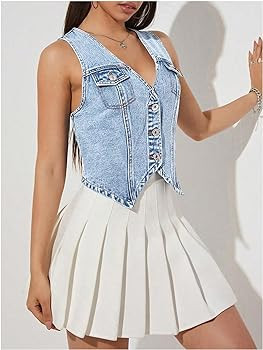 Verdusa Women's V Neck Asymmetrical Hem Sleeveless Button Front Denim Vest Top | Amazon (US)