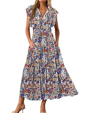 BLENCOT Womens Casual Summer Ruffle Cap Sleeve V Neck Floral Midi Dress 2025 Fashion Flowy Tiered... | Amazon (US)
