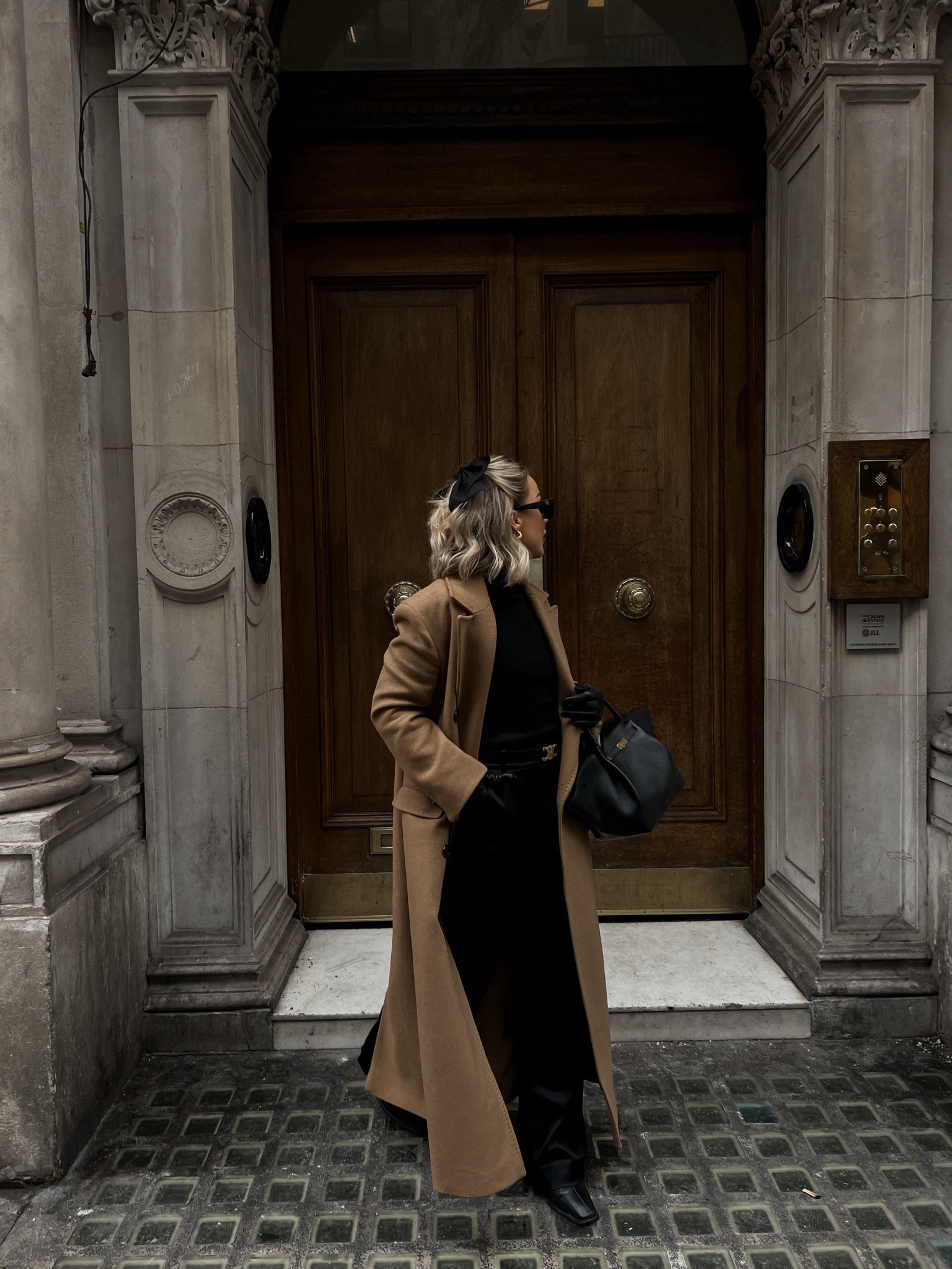 Karen millen coat, rollneck black jumper, A&F Sloane satin trouser, Anine bing sunnies, black leather gloves, demellier bag, ankle heeled boots, The Outnet, Celine Belt, 24S, Bow, ARKET 

#LTKeurope #LTKSeasonal #LTKstyletip