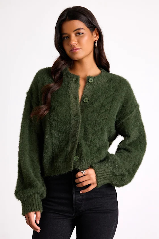 Ashby Dark Green Braided Eyelash Knit Cardigan Sweater | Lulus