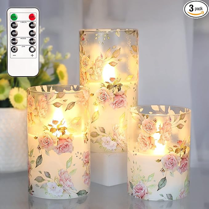 KELON Glass LED Flickering Flameless Candles with Rose Decal, Set of 3 LED Candle Set Battery Ope... | Amazon (US)