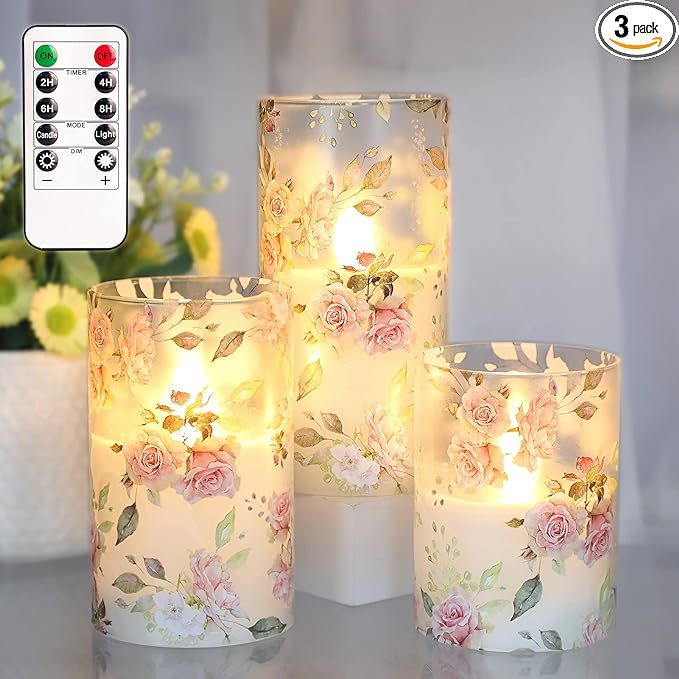 KELON Glass LED Flickering Flameless Candles with Rose Decal, Set of 3 LED Candle Set Battery Ope... | Amazon (US)