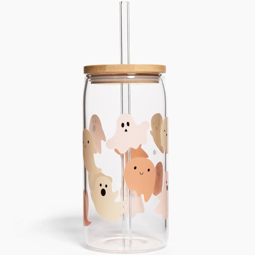 Sweet Water Decor Pink Ghost Can Glass Cup with Bamboo Lid and Straw - Iced Coffee Glass with Gho... | Amazon (US)