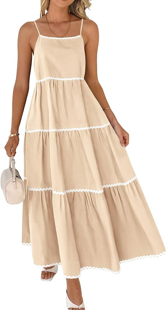 BTFBM Boho Summer Dresses 2024 Vacation Spaghetti Strap Backless RIC Rac Trim Tiered A-Line Long ... | Amazon (US)
