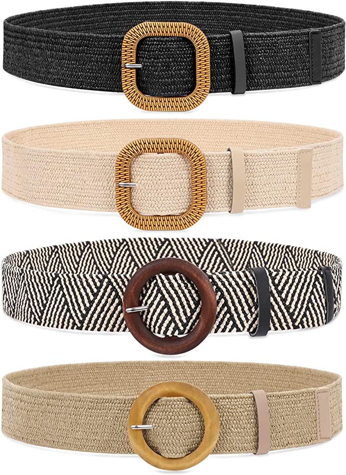 Set of 4 Straw Woven Elastic Stretch Waist Belts for Women, Fashion Boho Ladies Braided Skinny Dr... | Amazon (US)