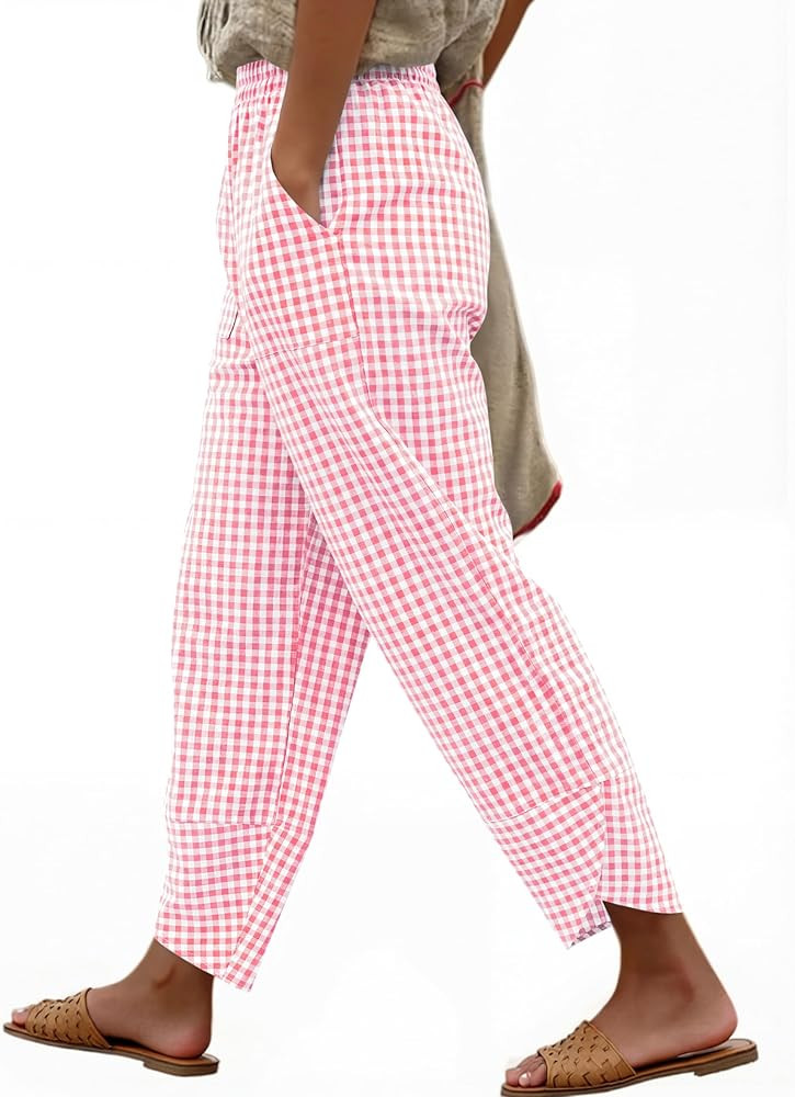 ANRABESS Womens Striped Gingham Pants Summer Lounge Cute PJ Bottom Plaid Pants Casual Wide Leg Be... | Amazon (US)