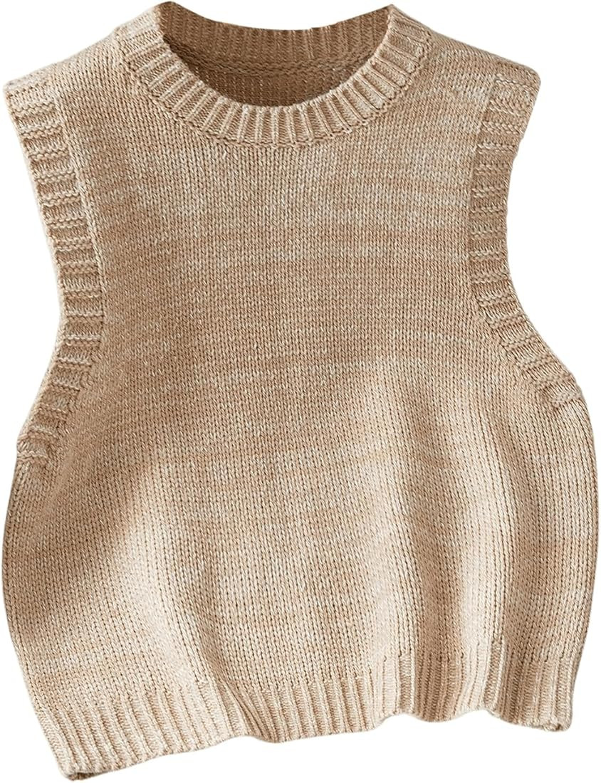 SweatyRocks Women's Crew Neck Knit Crop Top Sweater Vest Sleeveless Knitted Sweaters | Amazon (US)