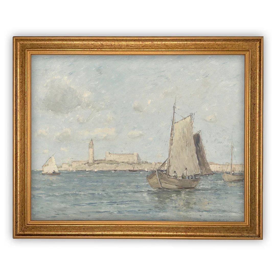 Vintage Framed Canvas Art  // Framed Vintage Nautical Print // Vintage Painting // Sailboat Art /... | Etsy (US)