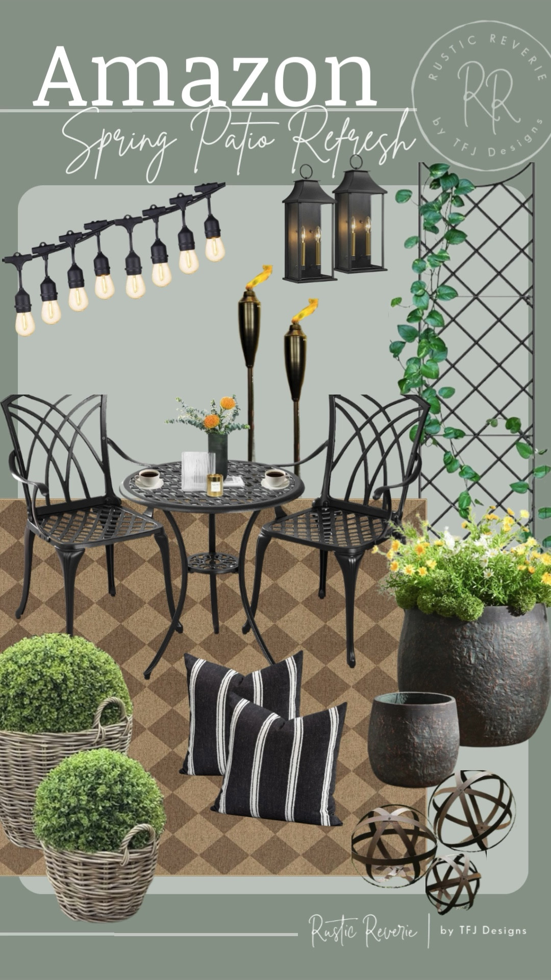 Need ideas for a cozy and romantic styled patio or porch for Spring?! Everything is available on Amazon. 🖤 creator favorites prime shipping french country paris european vintage style cottage garden cottagecore patio bistro table chairs string lights trellis basket planters metal orb spheres metal torches backyard intimate small space design curated collected 

#LTKSaleAlert #LTKHome #LTKspring