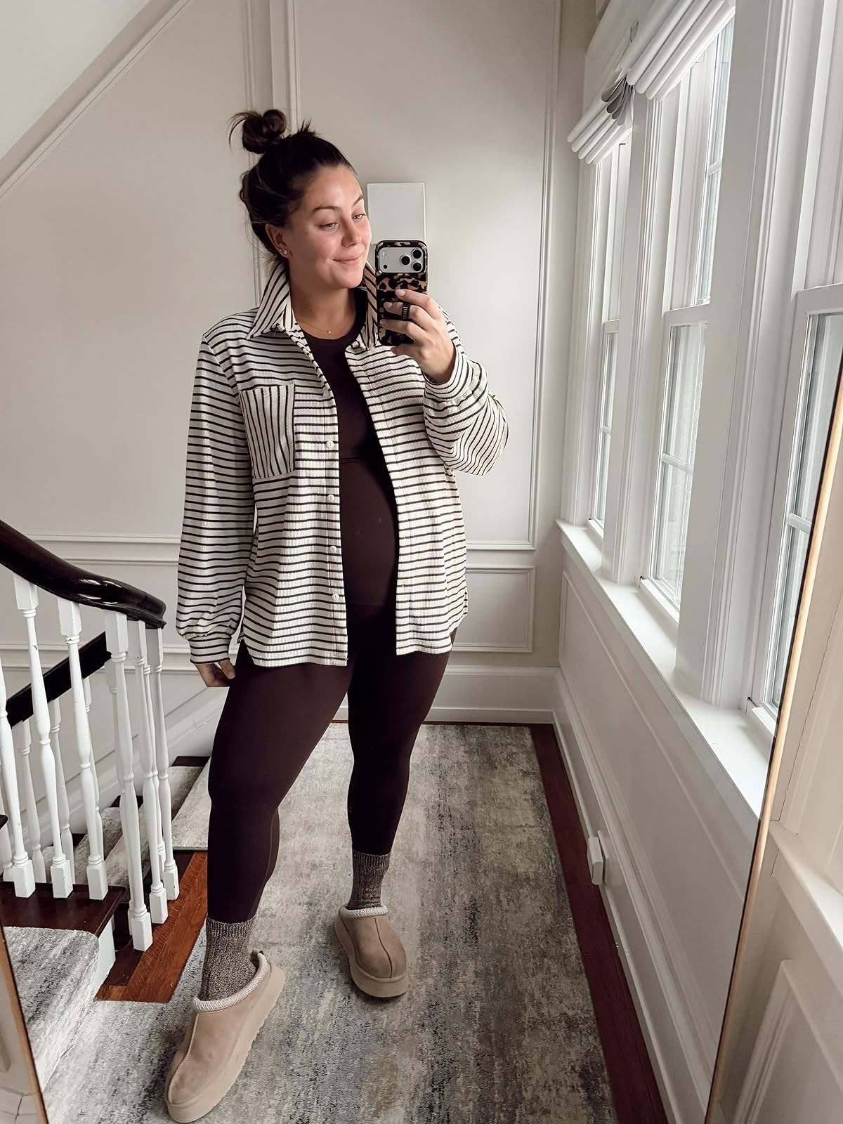 Today’s outfit - Pilates, errands, to work from home! Wearing size XXL in striped button down, XL in top & leggings. 

#LTKActive #LTKootd #LTKWorkwear
