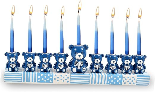 Ner Mitzvah Hand Painted Resin Hanukkah Menorah - Theme Menorahs for Chanukah - Blue & White Tedd... | Amazon (US)