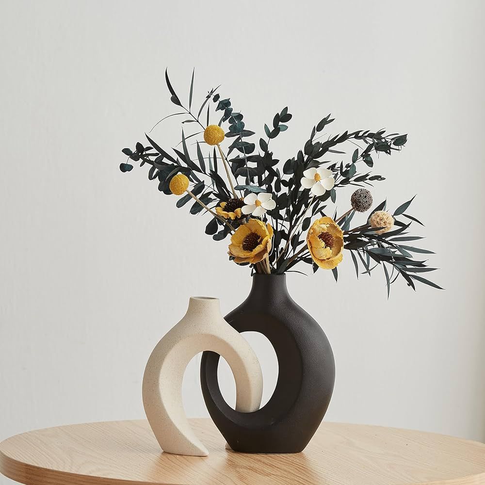 Black and White Ceramic Vases Set of 2 for Home Decor Modern Boho Donut Flower Vase Round Crossed... | Amazon (US)