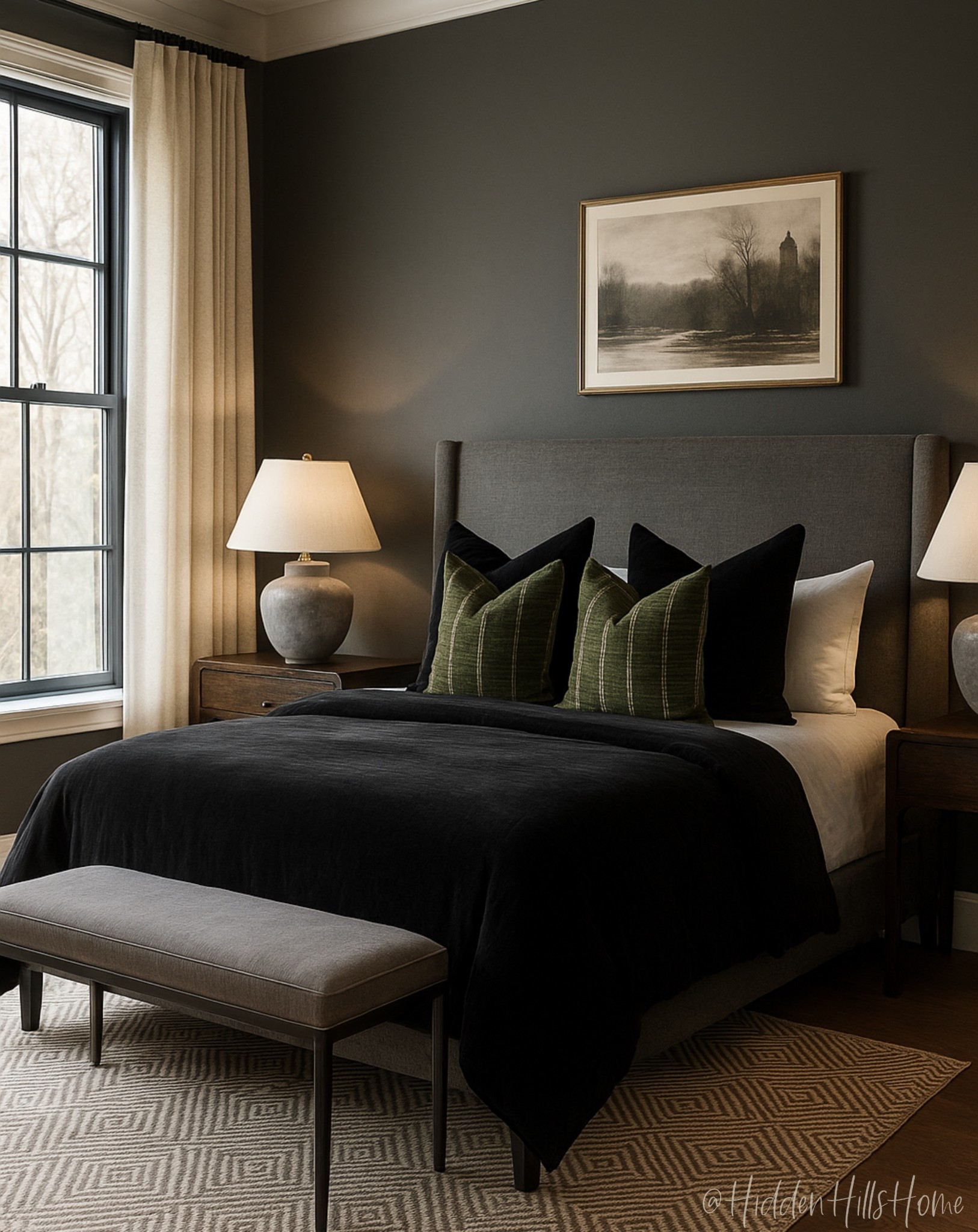 Bedroom decor, moody bedroom, home decor, masculine bedroom, mens bedroom, bedroom mood board, upholstered bed, floor mirror, black nightstands, boys room #bedroom #homedecor #primarybedroom 
#LTKStyleTip




#LTKSaleAlert #LTKHome #LTKMens