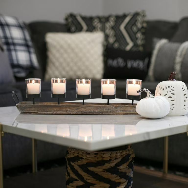 27.5 in. Rustic Wood Candle Centerpiece Tray w/ Five Metal Candle Holders | Walmart (US)